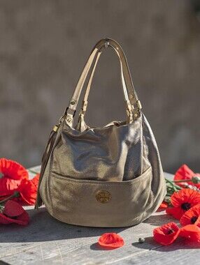 Tory Burch Leather Brushed Metallic Gold Dean Hobo Bag